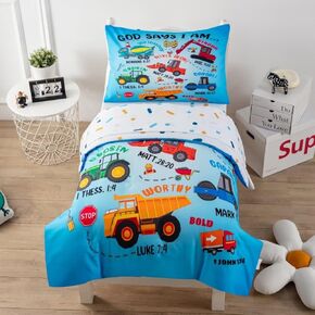 4 Piece Toddler Bedding Set for Boys,Cars Construction Toddler Bed Comforter Set Includes Comforter,Flat Sheet,Fitted Sheet and Pillowcase,Christan Trucks Tractors Bed in A Bag for Kids Bedroom