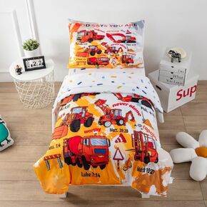 4 Piece Toddler Bedding Set for Boys,Cars Construction Toddler Bed Comforter Set Includes Comforter,Flat Sheet,Fitted Sheet and Pillowcase,Christan Trucks Tractors Bed in A Bag for Kids Bedroom