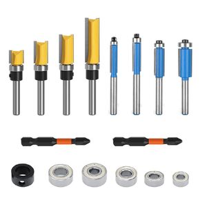 Router Bits Set 1/4 Shank, 16Pcs 4 Top + 4 Bottom Bearing Flush Trim Router Bit with 2 Impact Magnetic Bits , 6 Bearings, 2 Wrenches, for Wood, Fiberboard, Density Board