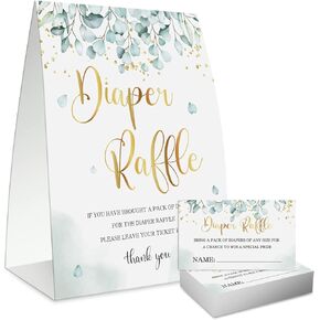 51Pcs Diaper Raffle Game Sign and Cards, Baby Shower Eucalyptus Diaper Raffle Ticket Party Decorations Game Kit (1 Sign + 50 Cards) WI02
