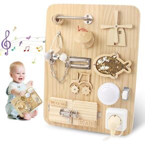Wooden Montessori Busy Board, Sensory Baby Busy Board for Toddlers 3+, Montessori Sensory Board Education Toys for Autism, Fine Motor Skills Hand-Eye Coordination, Boys Girls, Christmas Birthday Gift