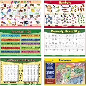 Brainy Mats -Kids Educational Placemats, Wipeable Set of 6 for Dining Table, Durable Reusable Plastic Placemats for Kids: Alphabet, Handwriting, Numbers, Counting, Dinosaurs, Addition and Subtraction
