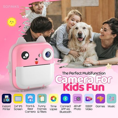 Instant Print Camera for Kids, Christmas Birthday Gifts for Girls Boys, HD Digital Video Cameras for Toddler, Portable Toy for 4 5 6 7 8 9 10 Year Old Girl with 64GB SD Card-Pink in Saudi Arabia