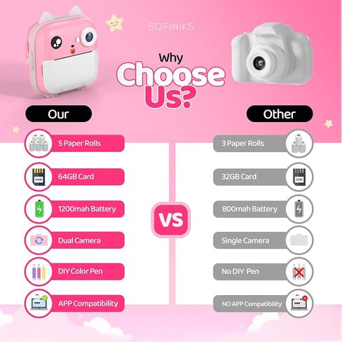 Instant Print Camera for Kids, Christmas Birthday Gifts for Girls Boys, HD Digital Video Cameras for Toddler, Portable Toy for 4 5 6 7 8 9 10 Year Old Girl with 64GB SD Card-Pink in Saudi Arabia