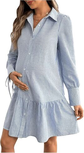 MakeMeChic Women's Maternity Striped Mini Dress Button Down Long Sleeve Peplum Pregnancy Dresses in Saudi Arabia