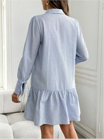 MakeMeChic Women's Maternity Striped Mini Dress Button Down Long Sleeve Peplum Pregnancy Dresses in Saudi Arabia