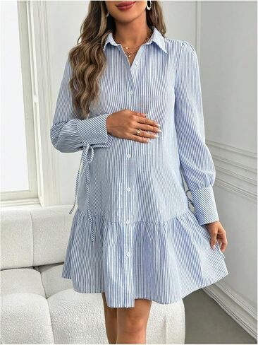 MakeMeChic Women's Maternity Striped Mini Dress Button Down Long Sleeve Peplum Pregnancy Dresses in Saudi Arabia