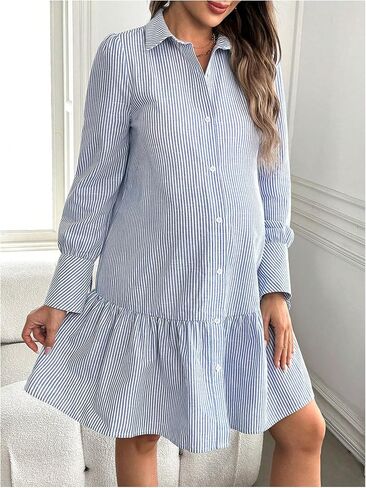 MakeMeChic Women's Maternity Striped Mini Dress Button Down Long Sleeve Peplum Pregnancy Dresses in Saudi Arabia