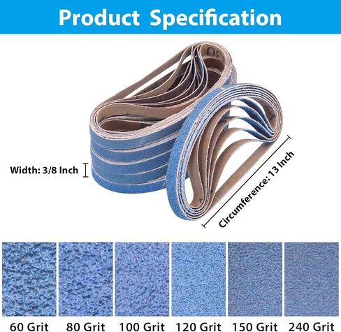 3/8 x 13 Inch Zirconia Sanding Belts, 36 Pack | 6 Each of 40/60/80/100/120/240 Grits, for Metal in Saudi Arabia