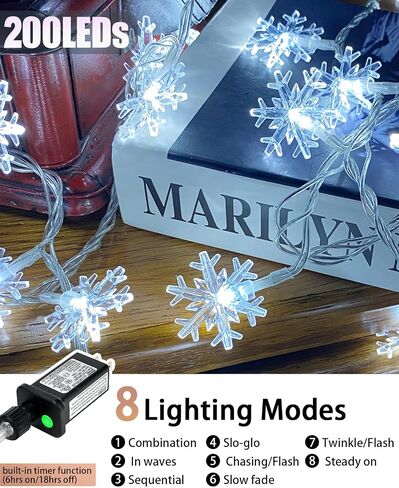 200 LED Christmas Snowflake Lights, 66ft Snowflake Fairy String Lights Indoor, 8 Modes Plug in Christmas String Lights, Waterproof Xmas Light for Christmas Decorations, Xmas Tree, New Year(White) in Saudi Arabia