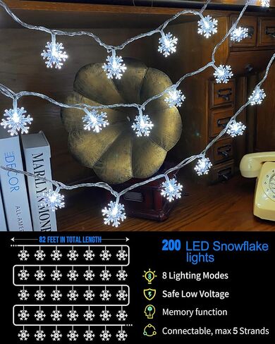 200 LED Christmas Snowflake Lights, 66ft Snowflake Fairy String Lights Indoor, 8 Modes Plug in Christmas String Lights, Waterproof Xmas Light for Christmas Decorations, Xmas Tree, New Year(White) in Saudi Arabia