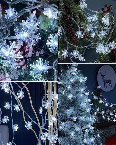 200 LED Christmas Snowflake Lights, 66ft Snowflake Fairy String Lights Indoor, 8 Modes Plug in Christmas String Lights, Waterproof Xmas Light for Christmas Decorations, Xmas Tree, New Year(White) in Saudi Arabia