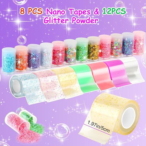 Lokuc Nano Tape Bubble Kit for Kids, 19.7Ft Nano Tape with Box, Nano Tape Squishy Maker kit with Glitter, Clay, Beads, Stickers and Tutorials in Saudi Arabia