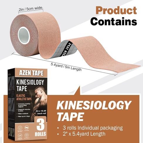 AZEN 3 Rolls Kinesiology Tape, 16.4 ft Waterproof Kinetic Tape for Joints Support and Muscle Pain Relief, Uncut Muscle Tape, Knee Tape, Athletic Tape - Black in Saudi Arabia