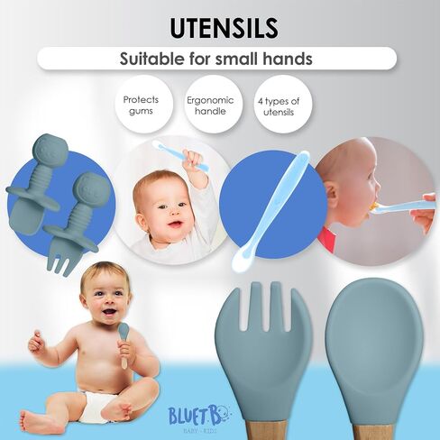 Bluet B- - Baby Led Weaning Supplies - Baby Spoons, Suction Bowl - Plate - Baby Utensils Set - Silicone Feeding Set for Baby First Foods - 8 pcs in Saudi Arabia