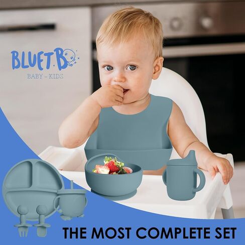 Bluet B- - Baby Led Weaning Supplies - Baby Spoons, Suction Bowl - Plate - Baby Utensils Set - Silicone Feeding Set for Baby First Foods - 8 pcs in Saudi Arabia