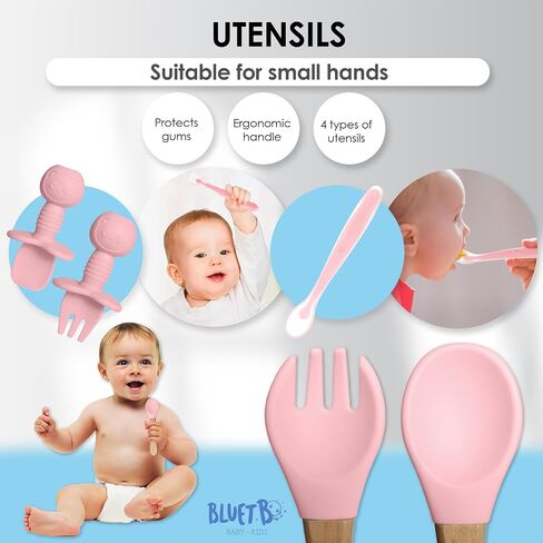 Bluet B- - Baby Led Weaning Supplies - Baby Spoons, Suction Bowl - Plate - Baby Utensils Set - Silicone Feeding Set for Baby First Foods - 8 pcs in Saudi Arabia
