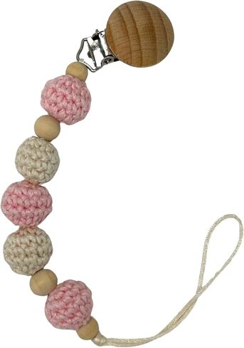 Crochet Pacifier Clip Holder with Wood and Crochet Beads (Rose & Beige) in Kuwait