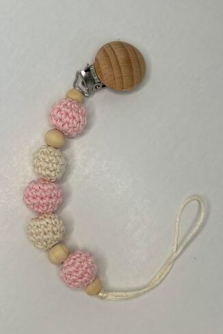 Crochet Pacifier Clip Holder with Wood and Crochet Beads (Rose & Beige) in Kuwait