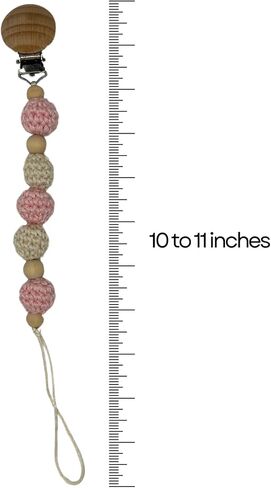 Crochet Pacifier Clip Holder with Wood and Crochet Beads (Rose & Beige) in Kuwait