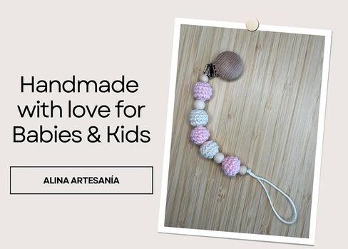 Crochet Pacifier Clip Holder with Wood and Crochet Beads (Rose & Beige) in Kuwait
