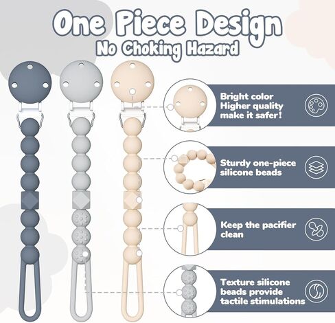 TYRY.HU Pacifier Holder Clip with One Piece Beads for Baby Boys and Girls, 3 Pack Soft Flexible Rust-Free Binky Clips with Texture for Teething, Baby Essentials, Keeps Pacifier Clean, Safe for Newborn in Saudi Arabia