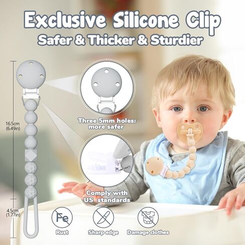 TYRY.HU Pacifier Holder Clip with One Piece Beads for Baby Boys and Girls, 3 Pack Soft Flexible Rust-Free Binky Clips with Texture for Teething, Baby Essentials, Keeps Pacifier Clean, Safe for Newborn in Saudi Arabia