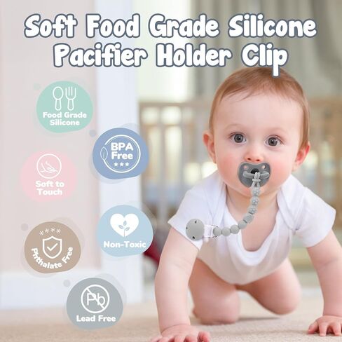 TYRY.HU Pacifier Holder Clip with One Piece Beads for Baby Boys and Girls, 3 Pack Soft Flexible Rust-Free Binky Clips with Texture for Teething, Baby Essentials, Keeps Pacifier Clean, Safe for Newborn in Saudi Arabia