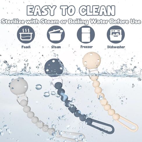 TYRY.HU Pacifier Holder Clip with One Piece Beads for Baby Boys and Girls, 3 Pack Soft Flexible Rust-Free Binky Clips with Texture for Teething, Baby Essentials, Keeps Pacifier Clean, Safe for Newborn in Saudi Arabia