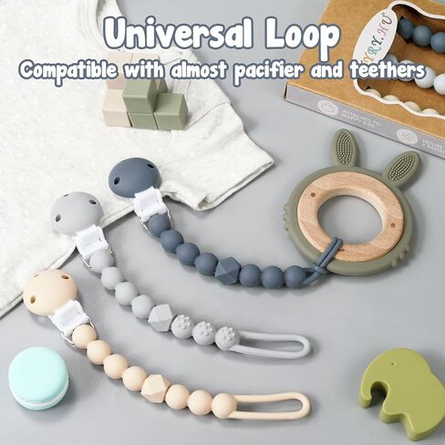 TYRY.HU Pacifier Holder Clip with One Piece Beads for Baby Boys and Girls, 3 Pack Soft Flexible Rust-Free Binky Clips with Texture for Teething, Baby Essentials, Keeps Pacifier Clean, Safe for Newborn in Saudi Arabia
