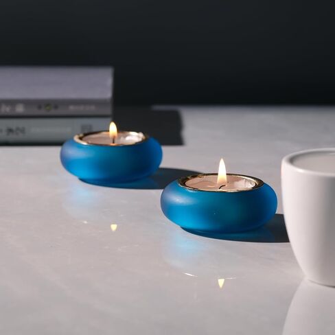 Handmade Decorative Pebble Tealight Candle Holders Set of 2 - Handcrafted Home Decor Accent for Calming Earthy Aesthetic Black Blue Matte Finish Resin Diameter 2.6 inches in Kuwait