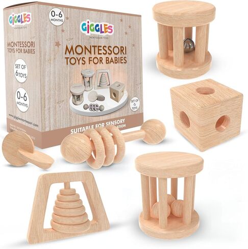 (6 Pack) Babies 0-6 Months, Wooden Baby Toy Rattle, Teether, Teethers, Teething for Babies, Natural Wood, Baby Toys, Infant Circle Rattle, Rattles, Baby Wooden Toys 6-12 (Natural) in Saudi Arabia