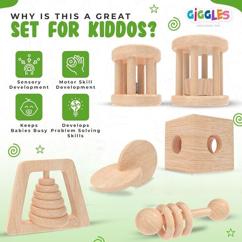 (6 Pack) Babies 0-6 Months, Wooden Baby Toy Rattle, Teether, Teethers, Teething for Babies, Natural Wood, Baby Toys, Infant Circle Rattle, Rattles, Baby Wooden Toys 6-12 (Natural) in Saudi Arabia
