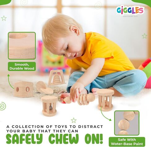 (6 Pack) Babies 0-6 Months, Wooden Baby Toy Rattle, Teether, Teethers, Teething for Babies, Natural Wood, Baby Toys, Infant Circle Rattle, Rattles, Baby Wooden Toys 6-12 (Natural) in Saudi Arabia