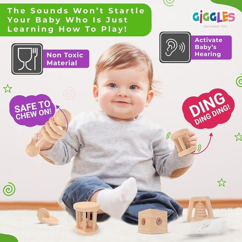 (6 Pack) Babies 0-6 Months, Wooden Baby Toy Rattle, Teether, Teethers, Teething for Babies, Natural Wood, Baby Toys, Infant Circle Rattle, Rattles, Baby Wooden Toys 6-12 (Natural) in Saudi Arabia