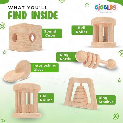 (6 Pack) Babies 0-6 Months, Wooden Baby Toy Rattle, Teether, Teethers, Teething for Babies, Natural Wood, Baby Toys, Infant Circle Rattle, Rattles, Baby Wooden Toys 6-12 (Natural) in Saudi Arabia