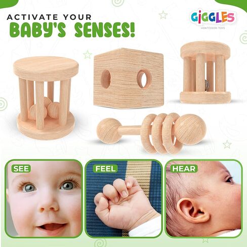 (6 Pack) Babies 0-6 Months, Wooden Baby Toy Rattle, Teether, Teethers, Teething for Babies, Natural Wood, Baby Toys, Infant Circle Rattle, Rattles, Baby Wooden Toys 6-12 (Natural) in Saudi Arabia
