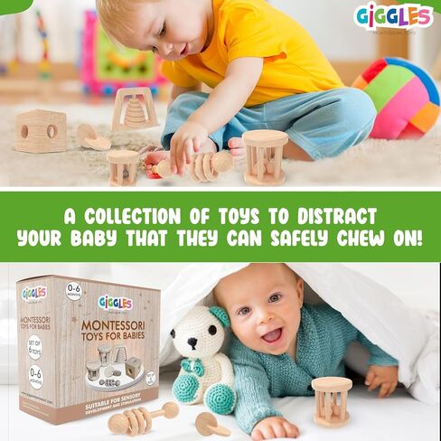 (6 Pack) Babies 0-6 Months, Wooden Baby Toy Rattle, Teether, Teethers, Teething for Babies, Natural Wood, Baby Toys, Infant Circle Rattle, Rattles, Baby Wooden Toys 6-12 (Natural) in Saudi Arabia