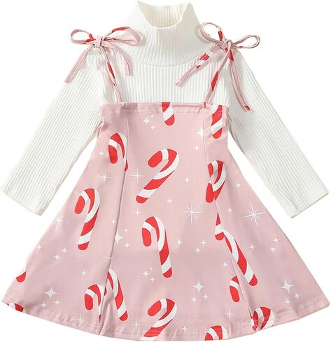 Omkzanbi طفل فتاة عيد الميلاد فستان متماسكة طويلة الأكمام قميص قصب الحلوى الحمالة تنورة 2 قطعة تنورة مجموعة الخريف الشتاء الزي in Kuwait