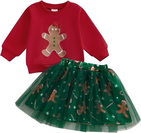 Toddler Baby Girl Christmas Outfit Santa Claus&Gingerbread Print T-shirt and Tulle Tutu Skirts Little Girls Clothes in Saudi Arabia