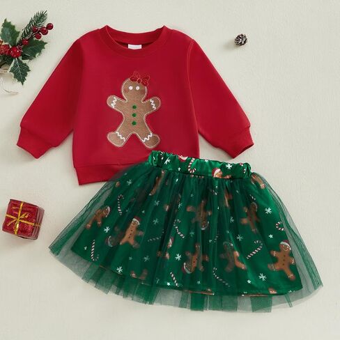 Toddler Baby Girl Christmas Outfit Santa Claus&Gingerbread Print T-shirt and Tulle Tutu Skirts Little Girls Clothes in Saudi Arabia