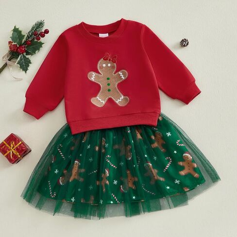 Toddler Baby Girl Christmas Outfit Santa Claus&Gingerbread Print T-shirt and Tulle Tutu Skirts Little Girls Clothes in Saudi Arabia