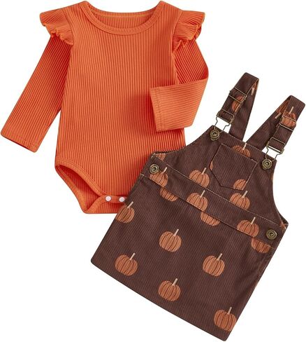 Karuedoo Newborn Baby Girl Halloween Thanksgiving Outfit Ruffle Ribbed Romper Pumpkin Suspender Skirt Overall Dress Set in Saudi Arabia