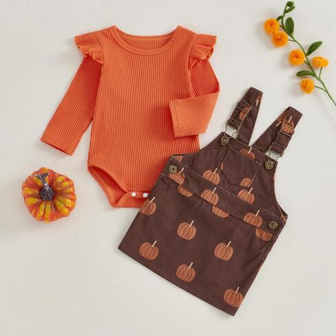 Karuedoo Newborn Baby Girl Halloween Thanksgiving Outfit Ruffle Ribbed Romper Pumpkin Suspender Skirt Overall Dress Set in Saudi Arabia