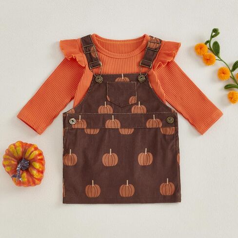Karuedoo Newborn Baby Girl Halloween Thanksgiving Outfit Ruffle Ribbed Romper Pumpkin Suspender Skirt Overall Dress Set in Saudi Arabia