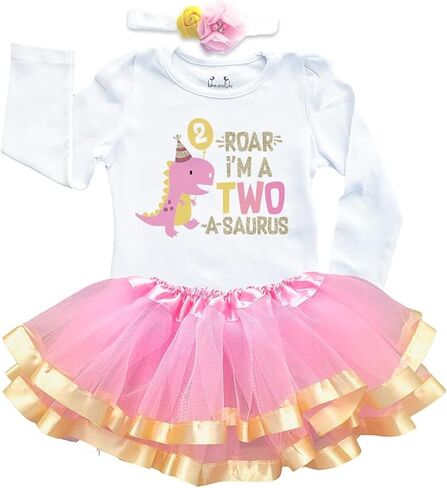 Luke and Lulu 2 Year Old Girl Dinosaur Birthday Outfit - Two Rex Pink Gold Dress with Headband for Toddlers in Saudi Arabia