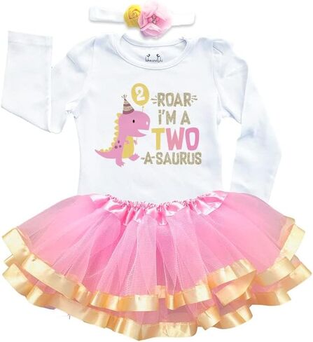 Luke and Lulu 2 Year Old Girl Dinosaur Birthday Outfit - Two Rex Pink Gold Dress with Headband for Toddlers in Saudi Arabia