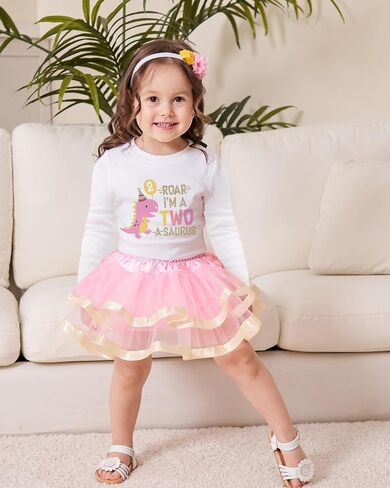 Luke and Lulu 2 Year Old Girl Dinosaur Birthday Outfit - Two Rex Pink Gold Dress with Headband for Toddlers in Saudi Arabia