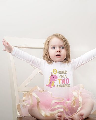 Luke and Lulu 2 Year Old Girl Dinosaur Birthday Outfit - Two Rex Pink Gold Dress with Headband for Toddlers in Saudi Arabia