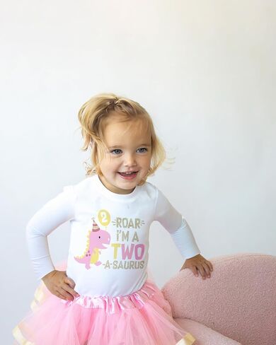 Luke and Lulu 2 Year Old Girl Dinosaur Birthday Outfit - Two Rex Pink Gold Dress with Headband for Toddlers in Saudi Arabia